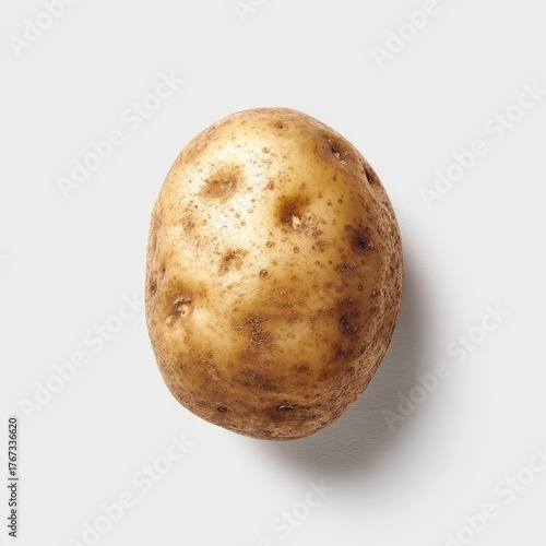 Single potato, light tan, speckled brown, slightly bumpy, top view