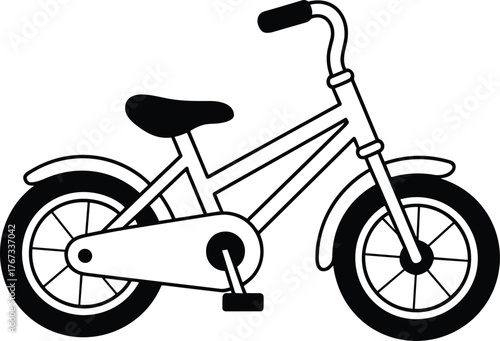 Black and white children bicycle illustration, simple line drawing, kids bike with chain guard, handlebars, pedals, fenders, educational vector sketch