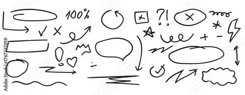 Hand drawn doodle elements collection of arrows circles checkmarks speech bubbles and symbols on white background