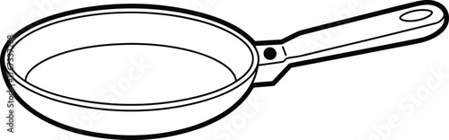 Black and white frying pan illustration, simple line drawing, kitchen utensil with handle, cooking equipment vector sketch, household cookware outline, culinary design art