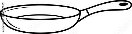 Black and white frying pan illustration, simple line drawing, kitchen utensil with handle, cooking tool vector sketch, household item outline art