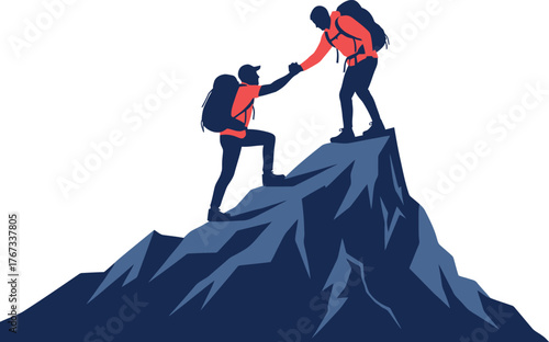 Two hikers help each other reach the summit of a mountain.