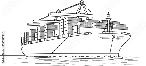 Cargo ship at sea, container vessel with cranes, maritime logistics, global trade, shipping industry, ocean transport, freight, commerce, export, import