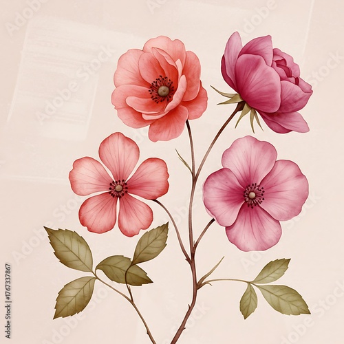 Watercolor floral illustration of pink and coral flowers with green leaves.