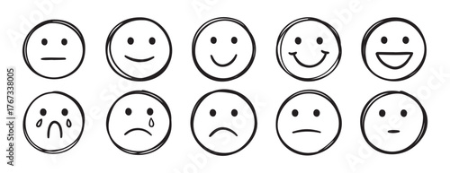 outline face different mood sad to happy several stages doodle hand drawn icon. line drawing clipart symbol