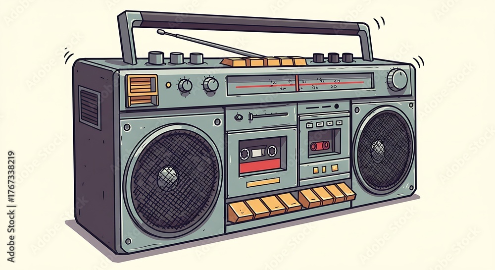 Obraz premium Retro Boombox Cassette Player Radio with Antenna and Speakers.