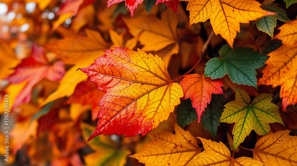 Fototapeta premium Close-Up of Vibrant Autumn Leaf – Warm Fall Colors and Natural Detail