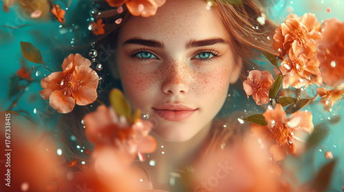 Young woman with freckles surrounded by vibrant flowers, serene expression, captivating blue eyes, ethereal underwater scene