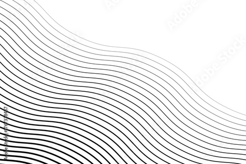 Stripe transition in wave patterns with halftone gradient and retro vibe. Wavy lines fade from thick black to thin white stripes in rhythmic repetition. Geometric vector design with motion illusion