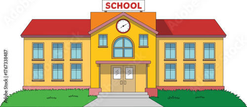 Colorful Cartoon School Building Exterior Flat Vector Illustration Educational Institution Primary Grade School House Academy Campus Facade Welcome Back to Class.