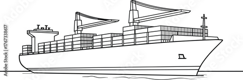 Container cargo ship at sea, large vessel with cranes, maritime logistics, global trade, shipping industry, freight transport, commerce, export, import