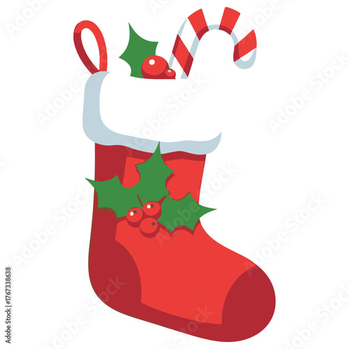 Isolated Flat Design Red Christmas Stocking Adorned with Holly and Candy Cane