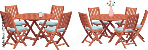 Wooden garden dining set with chairs and table on a white background.