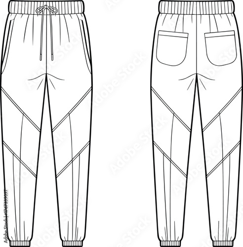 Jogger pants technical flat sketch front and back view, fashion apparel template, clothing design illustration, garment construction drawing, sporty casual activewear trousers