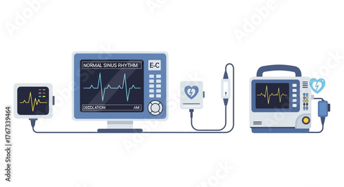 Medical equipment displaying vital signs and ECG readings