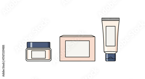 A minimalist flat design illustration set of cosmetic product containers, including a jar, box, and tube with blank labels