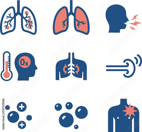 Set of icons related to respiratory diseases and symptoms.