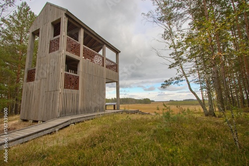Observation tower at Čepkelių peat bog in Dzukija National Park, Lithuania