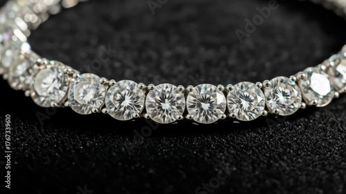 A close-up showcases a diamond bracelet, its gems shimmering against a textured black backdrop