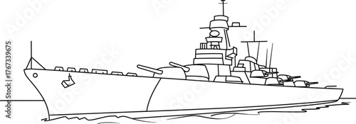 Modern Naval Warship Line Art, Black and White Battleship Drawing for Kids' Educational Coloring Book or Military Transportation Vector