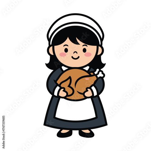 Cute Cartoon Thanksgiving Pilgrim Girl Holding Roasted Turkey Illustration Graphic