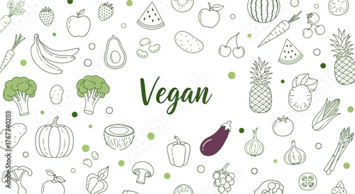 Vegan Food Illustration with Fruits and Vegetables, Healthy Eating Concept.