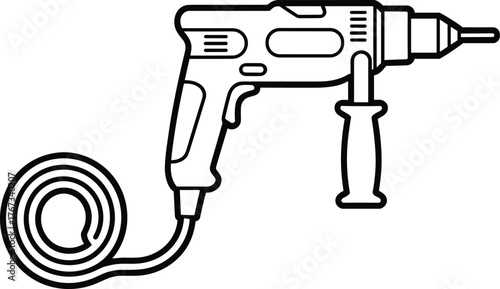 Professional Corded Hammer Drill Line Art Vector with Auxiliary Handle, Equipment Icon for Construction, Heavy-Duty Repair, Engineering, and Home Renovation Projects