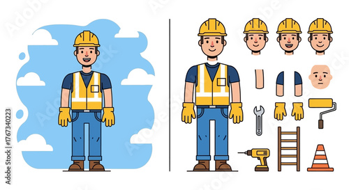 Cartoon Construction Worker with Tools and Customizable Facial Expressions.