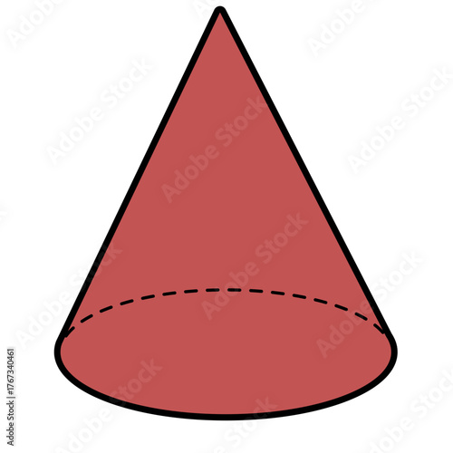 Flat red cone 3D vector shape, simple 3D geometric form for ice cream, traffic, or mathematical concept illustrations.


