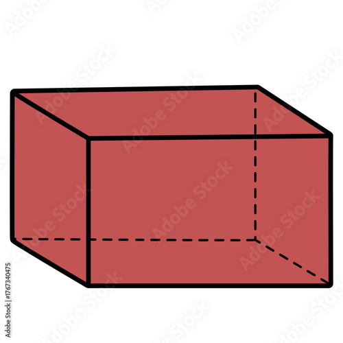 Flat red rectangular prism 3D vector shape, basic 3D geometric form for boxes, packaging, or spatial concept designs.


