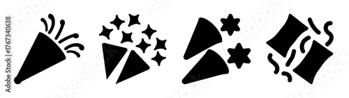 Set of four festive confetti popper icons for celebration and party events