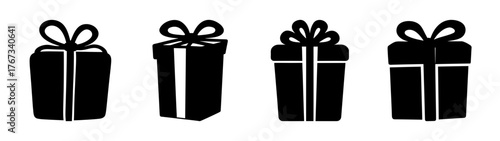 Four hand drawn style black gift boxes with ribbons for celebration