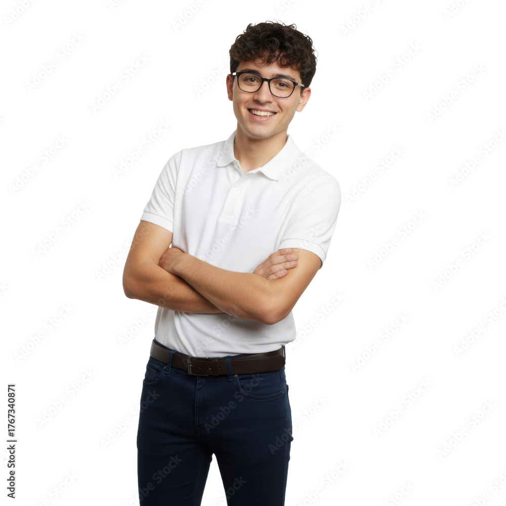 Fototapeta premium Confident friendly young multiethnic tech support man with glasses smiles with arms crossed, ready for business on transparent background