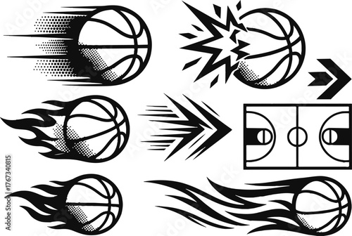 Dynamic Basketball Motion Logo Set Black and White Fire and Speed Graphic Elements for Sports Design