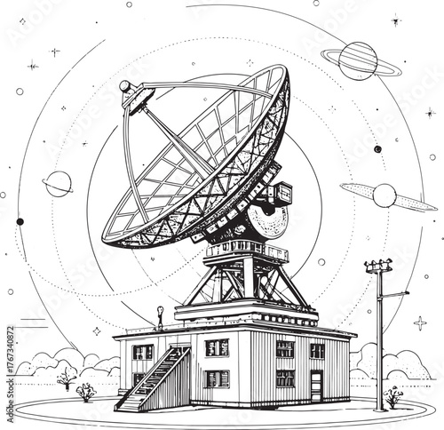 A detailed line drawing of a radio telescope observatory with surrounding planets and stars in space