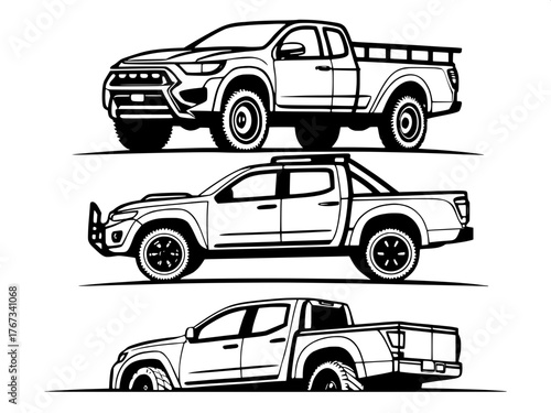 A vector illustration displaying multiple pickup trucks as solid black silhouettes. Each shown from a different perspective with precision and symmetry. Modern minimalism meets industrial design.