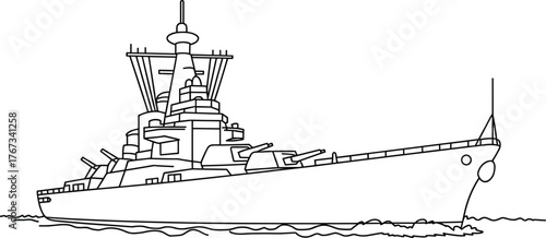 Simple Black and White Battleship Drawing, Naval Warship Line Art for Kids' Coloring Book, Detailed Military Transport Vehicle Vector Illustration