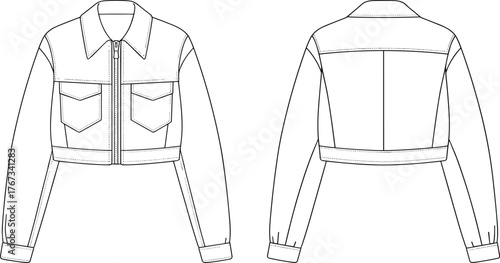 Cropped jacket fashion illustration, technical sketch front and back view, pointed collar, flap pockets, structured tailoring, garment design, apparel manufacturing