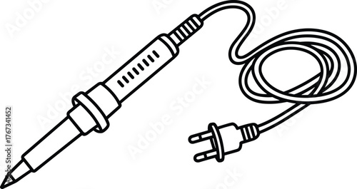 Soldering iron line art, electrical repair tool vector, electronics assembly equipment drawing, hand tool with cord, plug and pointed tip