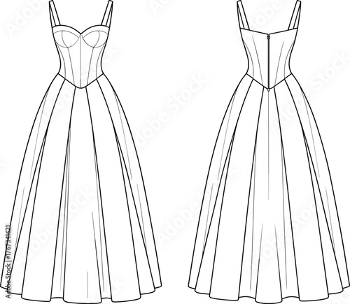 Technical fashion illustration of elegant dress design, front and back view, structured bodice, panel skirt, garment construction, couture sketch, runway concept