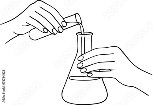 Chemical experiment — hands pouring liquid into laboratory flask, line art