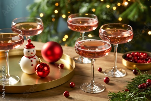 Champagne flutes with snowman and christmas baubles on tray