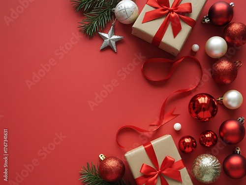 Christmas gift boxes and ornaments on red background