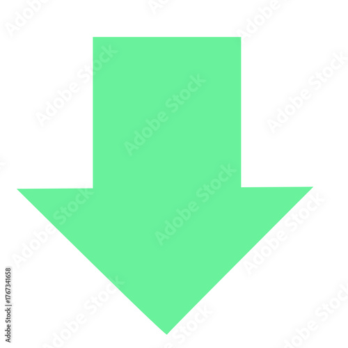 Flat green down arrow 2D vector shape, functional geometric element for download, scroll, or action prompts in digital interfaces.

