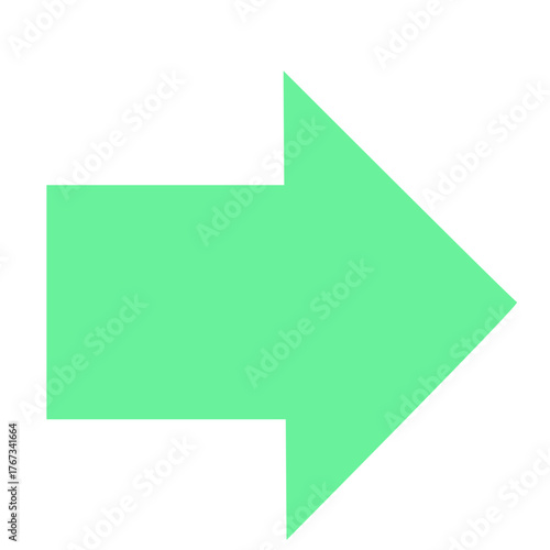 Flat green right arrow 2D vector shape, geometric flat element for forward navigation, progress, and directional cues in design.

