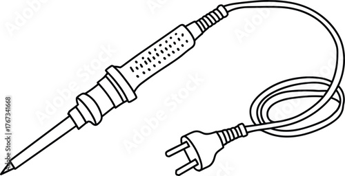 Soldering iron line drawing, electrical repair tool illustration, hand tool with cord, plug and tip, electronics equipment outline vector