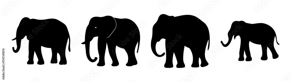 Obraz premium Four silhouette elephants various sizes standing side by side