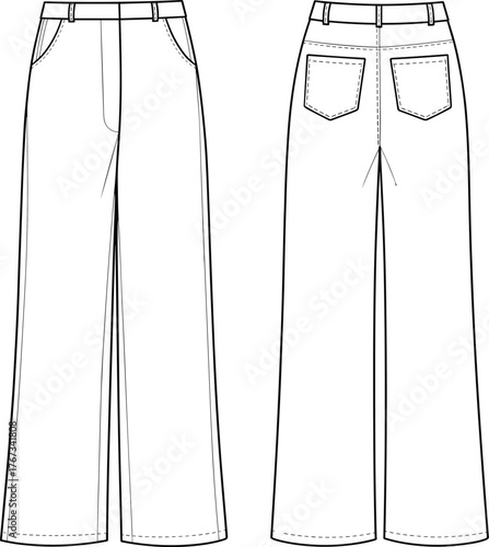 Wide leg pants technical fashion sketch, front and back view, garment design illustration, apparel template for sewing, pattern making, fashion portfolio