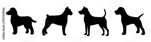 Four diverse dog silhouettes standing proudly side by side collection