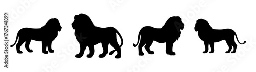 Four black silhouette lions standing side by side on white